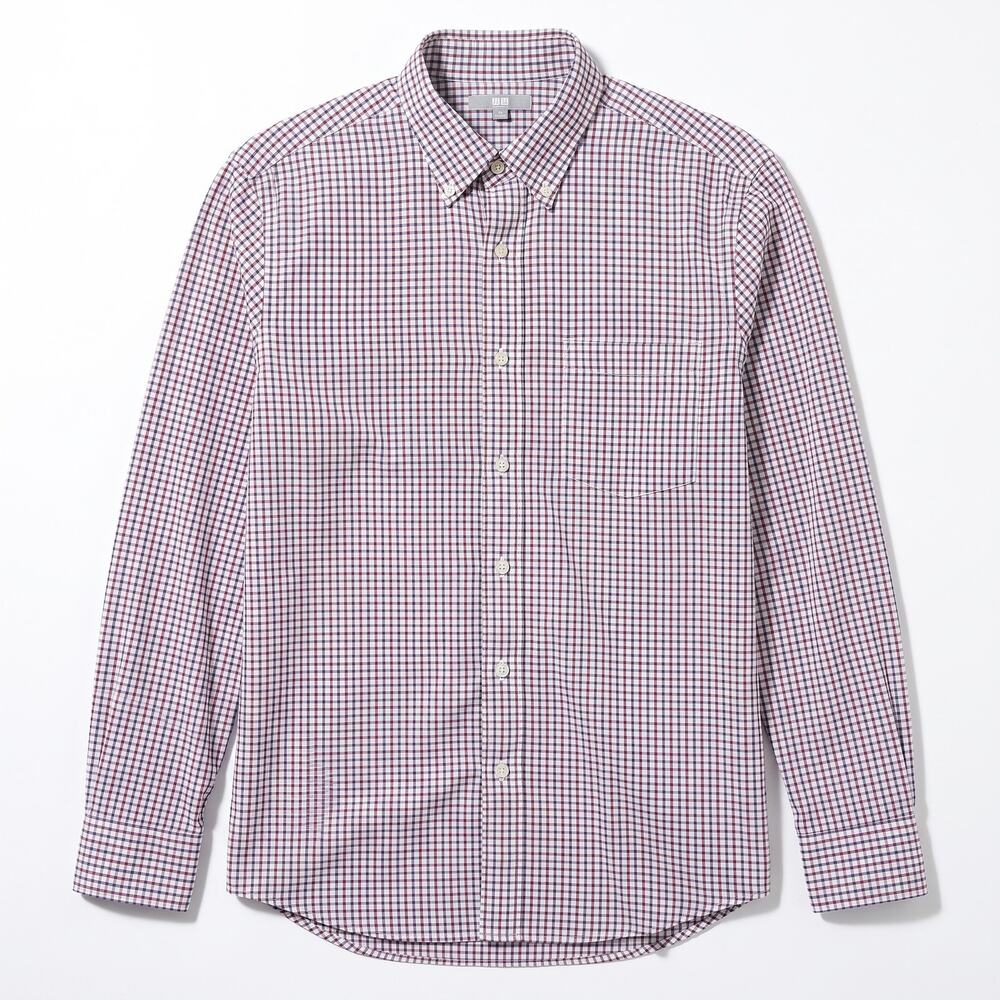 Uniqlo Button Down Casual Shirt White Red Blue Windowpane Work Office Men's M